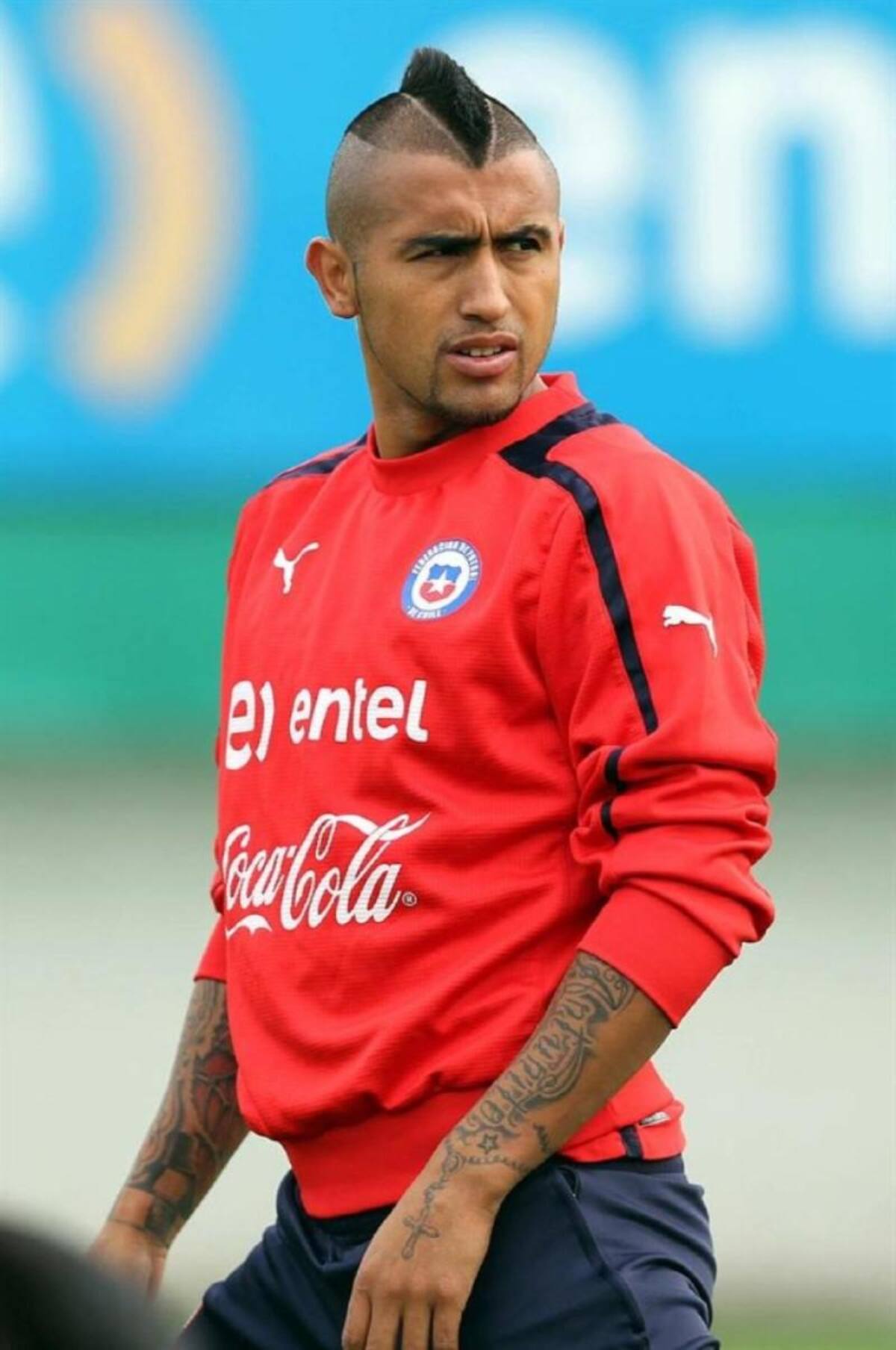 El jugador de la selección nacional de Chile Arturo Vidal durante el entrenamiento en el complejo deportivo Juan Pinto Durán, en Santiago (Chile)