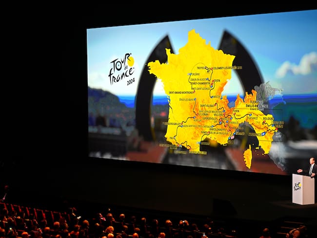 PARIS, FRANCE - OCTOBER 25: (EDITOR&#039;S NOTE: Alternate crop) Christian Prudhomme of France Director of Le Tour de France presents the official route during the 111th Tour de France 2024 & 3rd Tour de France Femmes 2024 - Route Presentation / #UCIWT / #UCIWWT / on October 25, 2023 in Paris, France.