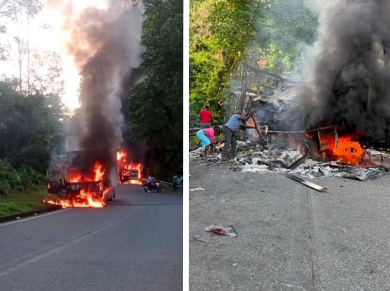 Vehículos incinerados en lña Vía Panamericana Risaralda - Chocó (foto: suministrada)