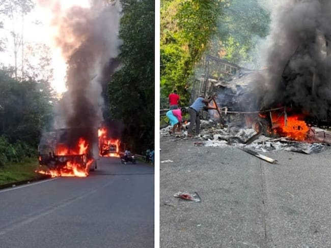 Vehículos incinerados en lña Vía Panamericana Risaralda - Chocó (foto: suministrada)