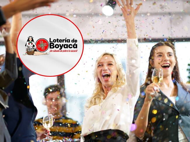 Logo Lotería de Boyacá, imagen tomada de la cuenta oficial de X de la Lotería de Boyacá. Personas celebrando, imagen de referencia (Getty Images).