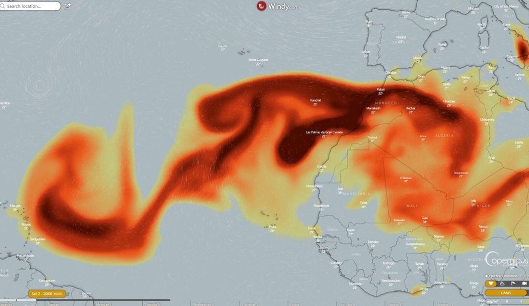 Nube de Dióxido de Azufre emitida por el volcán Cumbre Vieja mezclada con el polvo del Sahara cruzando el Océano Atlántico.