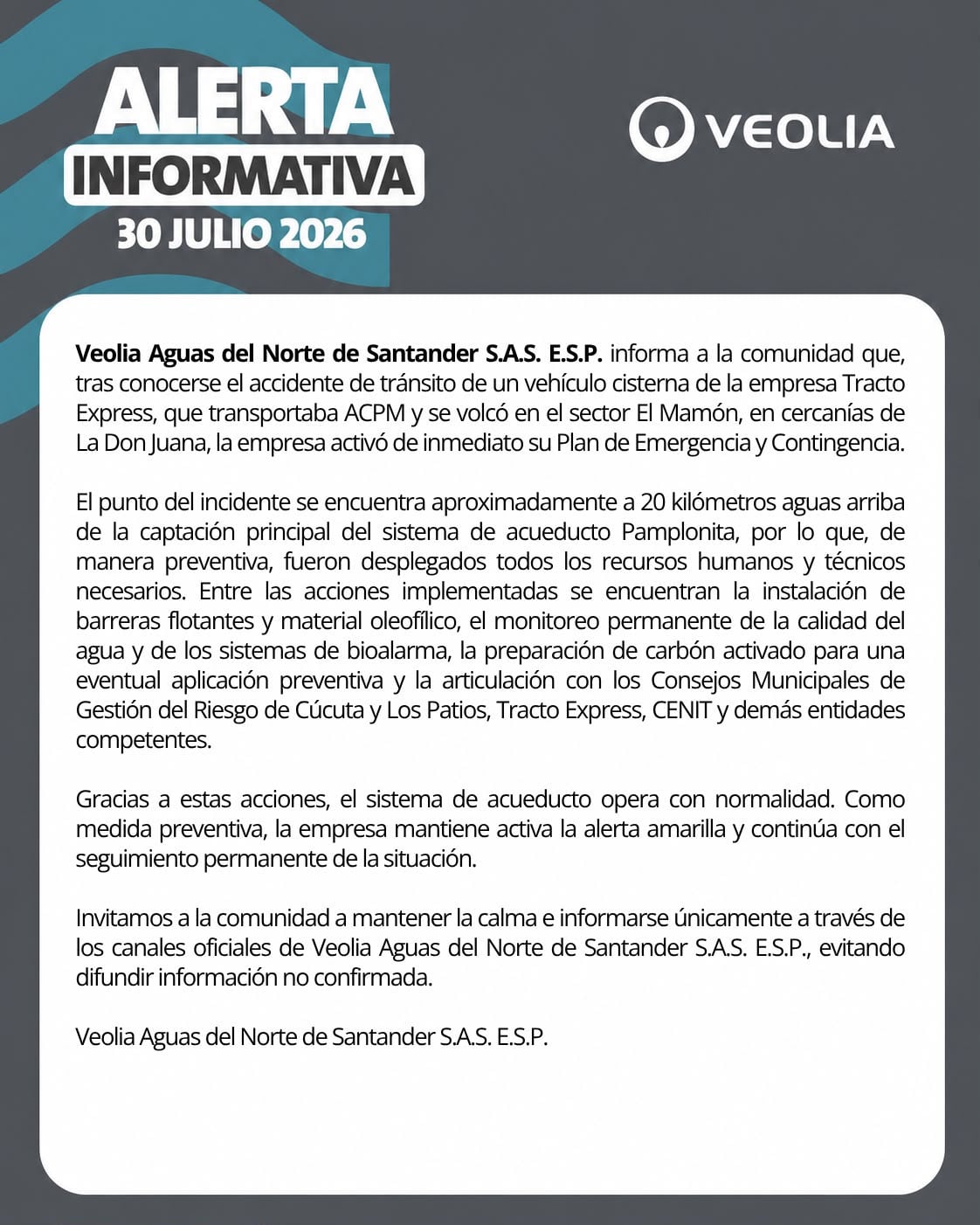 Comunicado de Veolia Aguas del Norte.