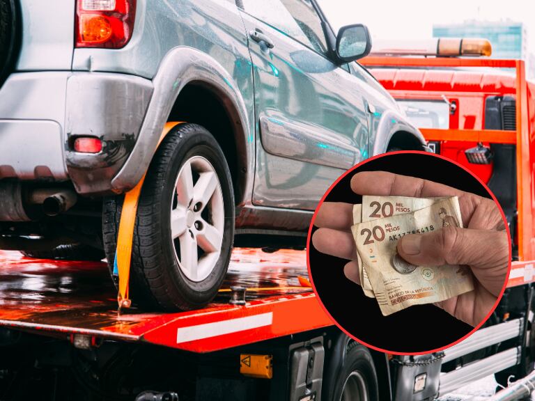 Carro montado en una grúa / Hombre teniendo billetes colombianos en su mano (Getty Images)