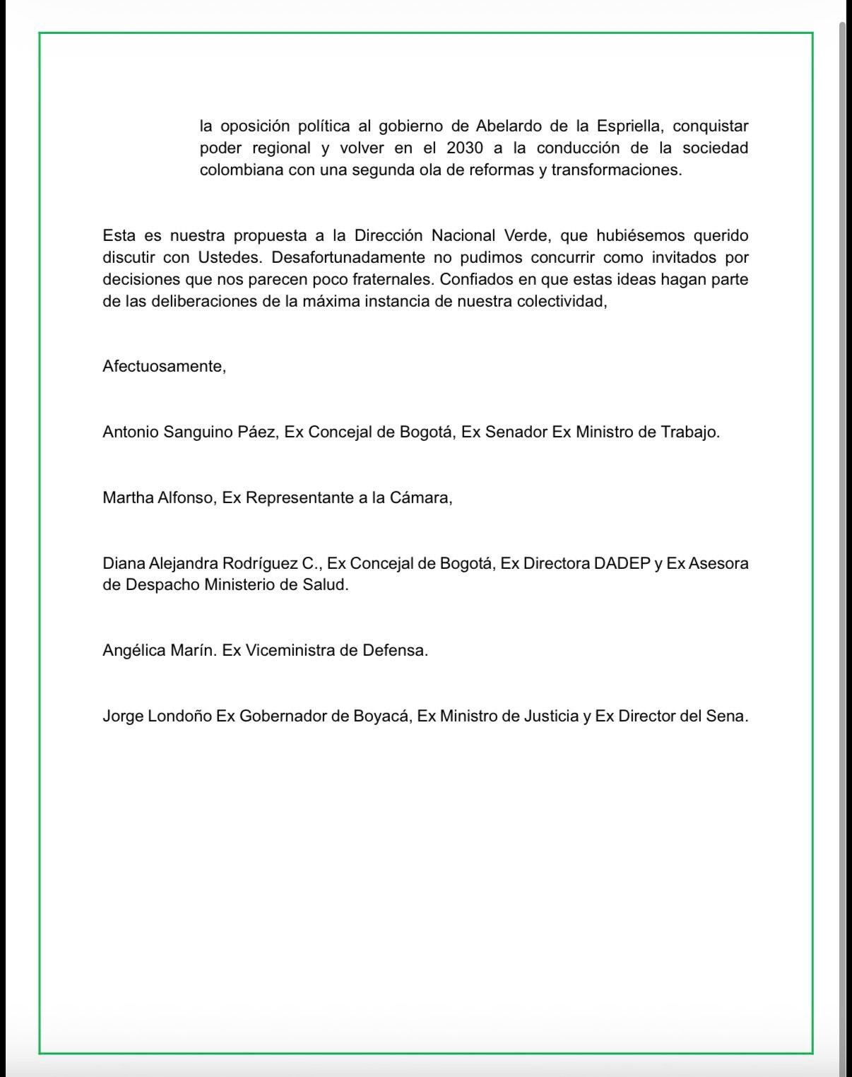 Carta a la Dirección Nacional del Partido Alianza Verde.