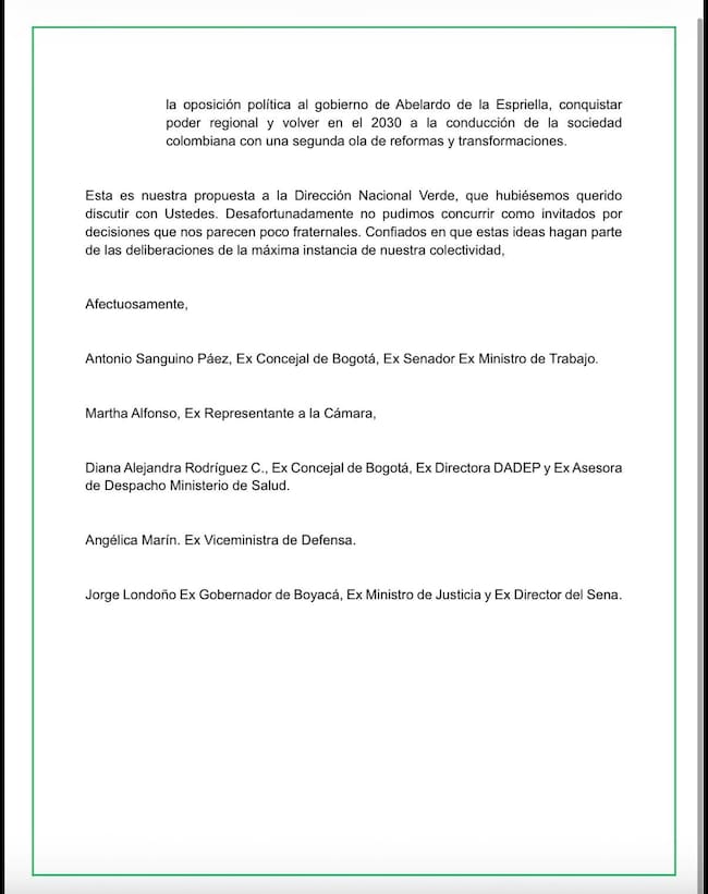 Carta a la Dirección Nacional del Partido Alianza Verde.