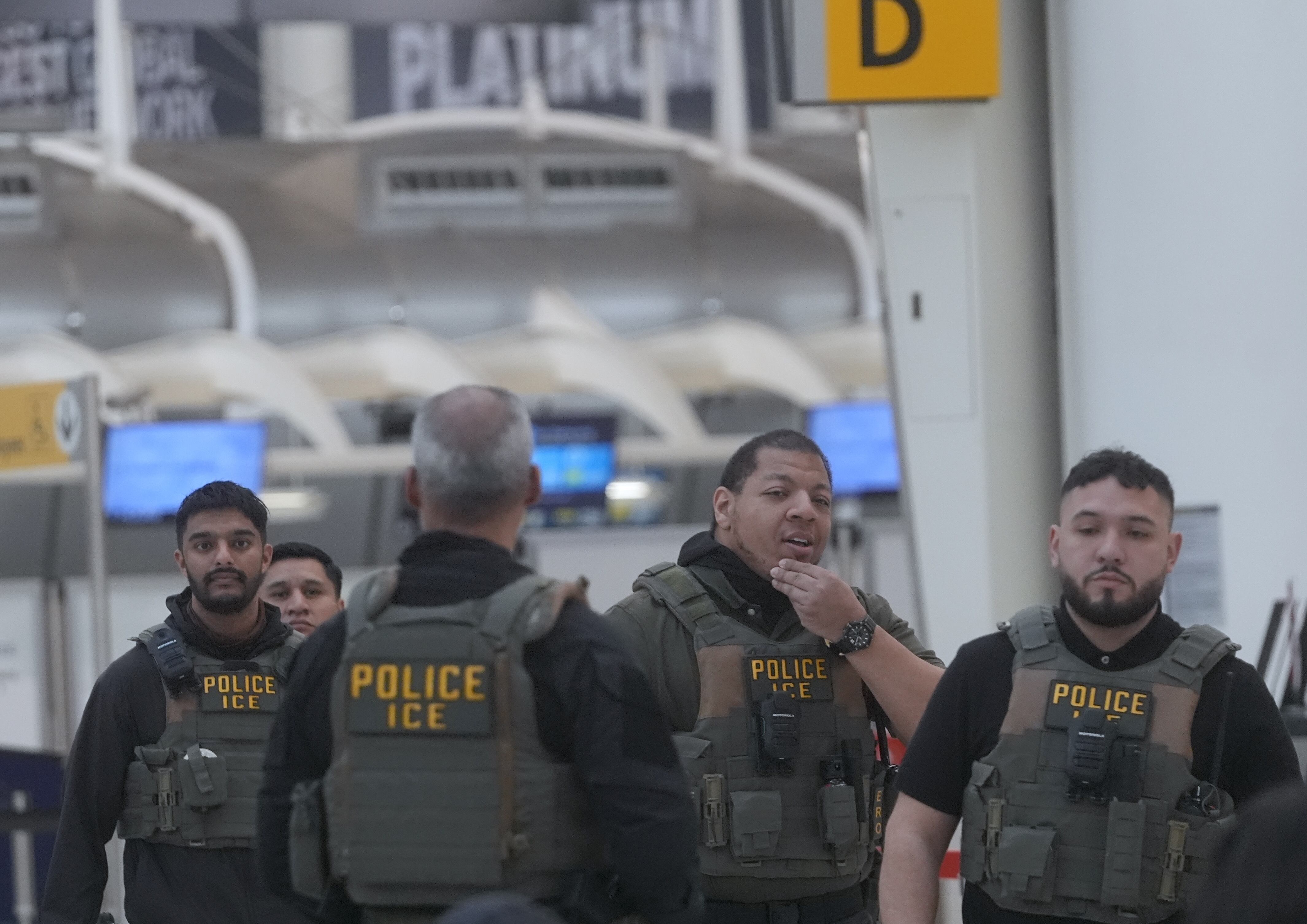 NEW YORK, UNITED STATES - MARCH 23: Immigration and Customs Enforcement (ICE) agents are seen at Terminal 1 of JFK as ICE agents have begun deploying at some U.S. airports amid the partial government shutdown in New York City, United States, on Monday, March 23, 2026. (Photo by Selcuk Acar/Anadolu via Getty Images)