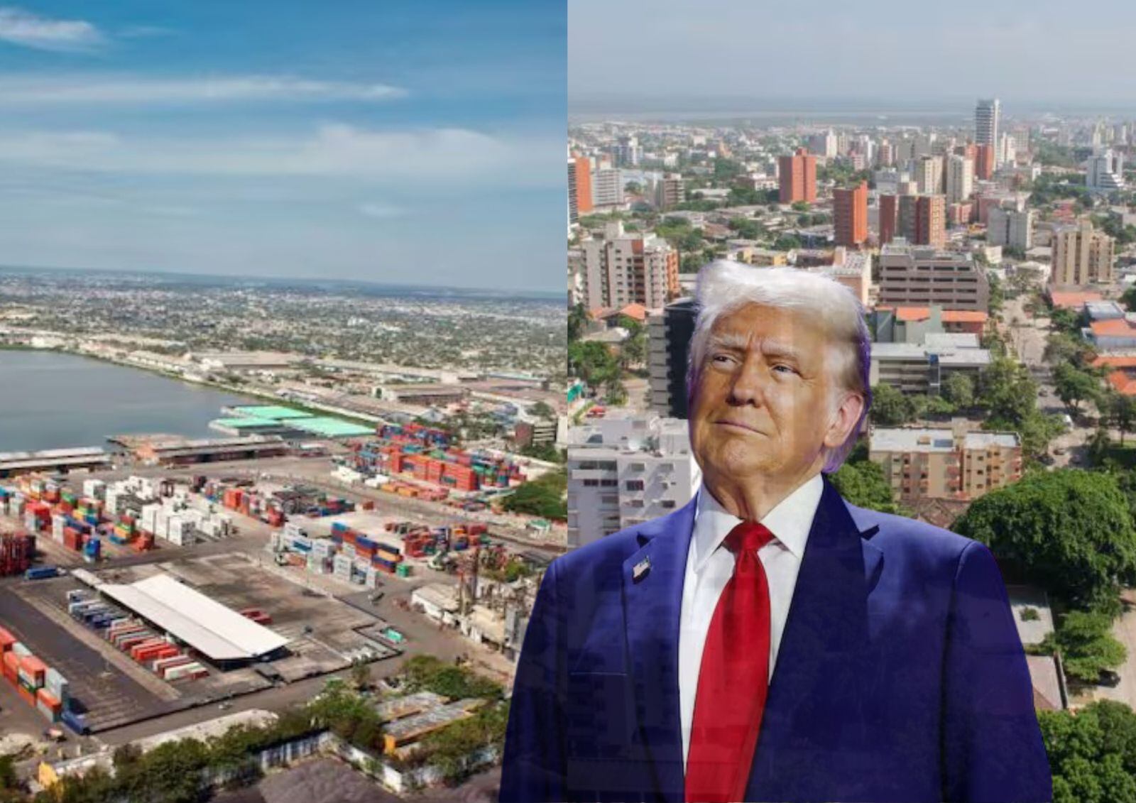 Donald Trump. Al fondo, puerto de Barranquilla y panorámica de la ciudad.