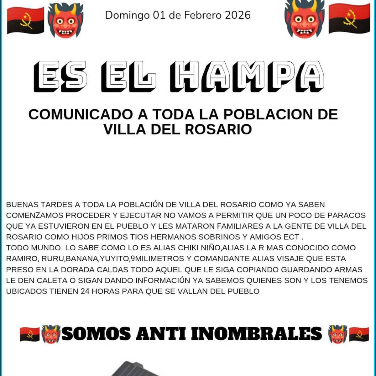 Las autoridades descartan la veracidad de panfleto que circula en Villa del Rosario