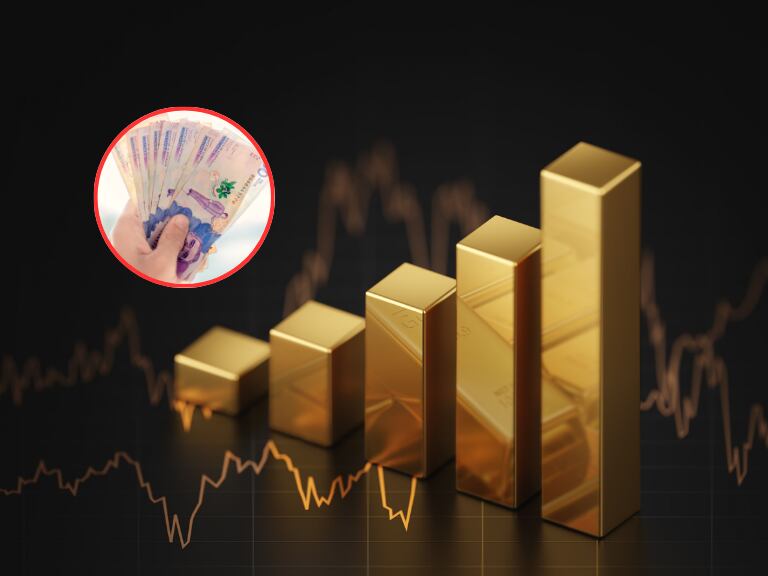 Gráfica de lingotes de oro y cifras fluctuantes (Fotos vía Getty Images)