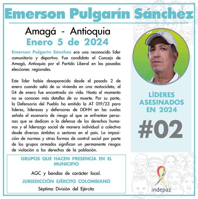 Emerson Pulgarín, líder asesinado. Foto: cortesía Indepaz.
