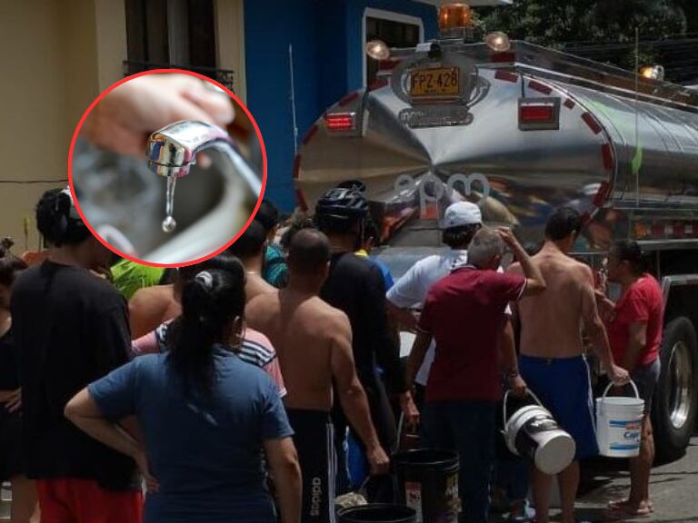 Personas recibiendo agua de un carrotanque de EPM y al lado un grifo sin agua (Fotos vía EPM y Getty Images)