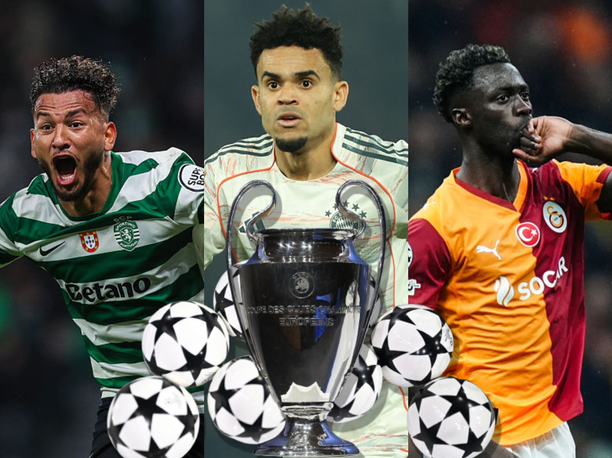Los futbolistas colombianos Luis Suárez, Luis Díaz y Davinson Sánchez. Al frente, balotas del sorteo de la Champions y el trofeo de esa competencia. Fotos: Getty Images.