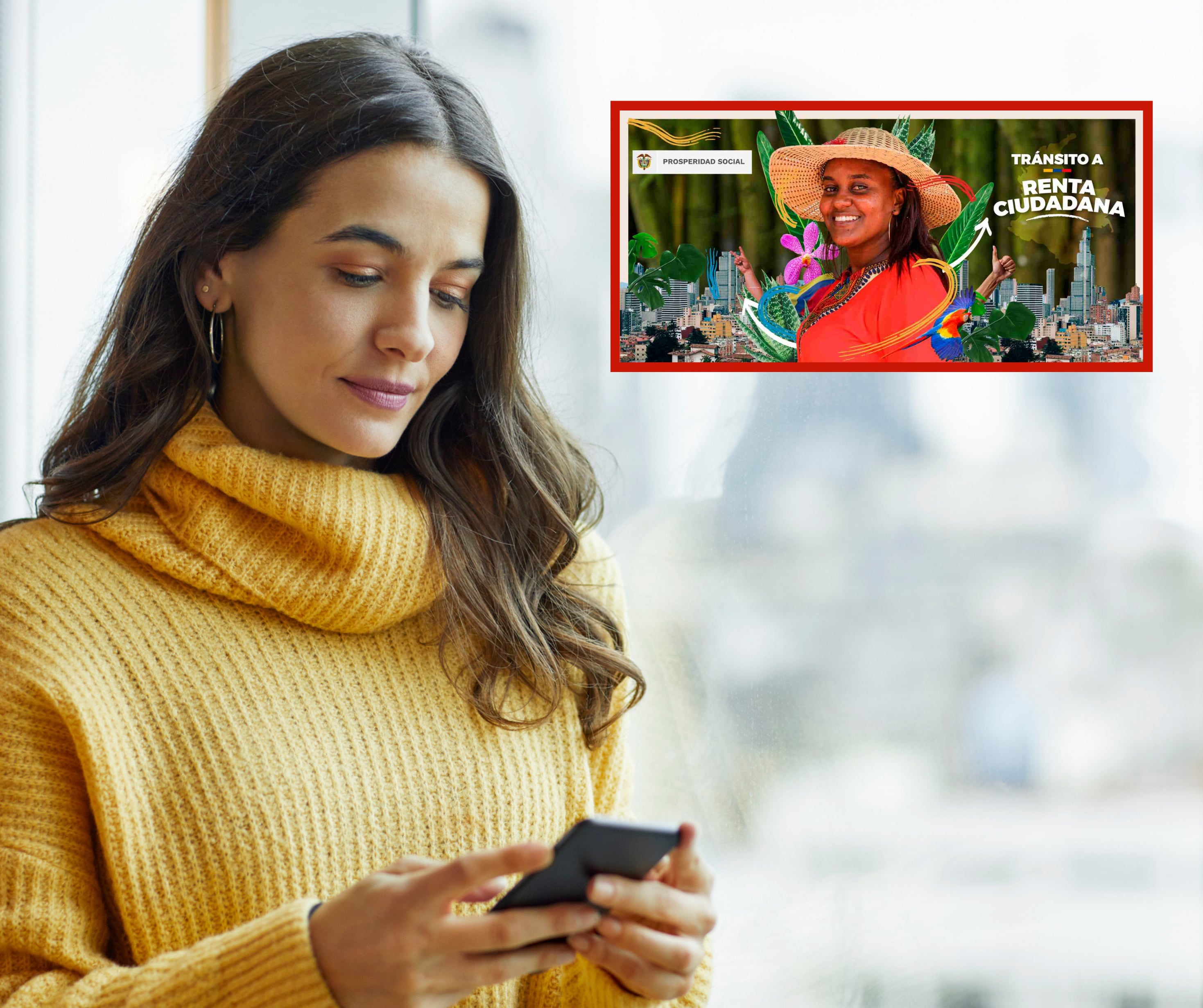 Mujer revisando su dispositivo móvil junto a una imagen referente a Renta Ciudadana (Fotos vía Getty Images y Colprensa)