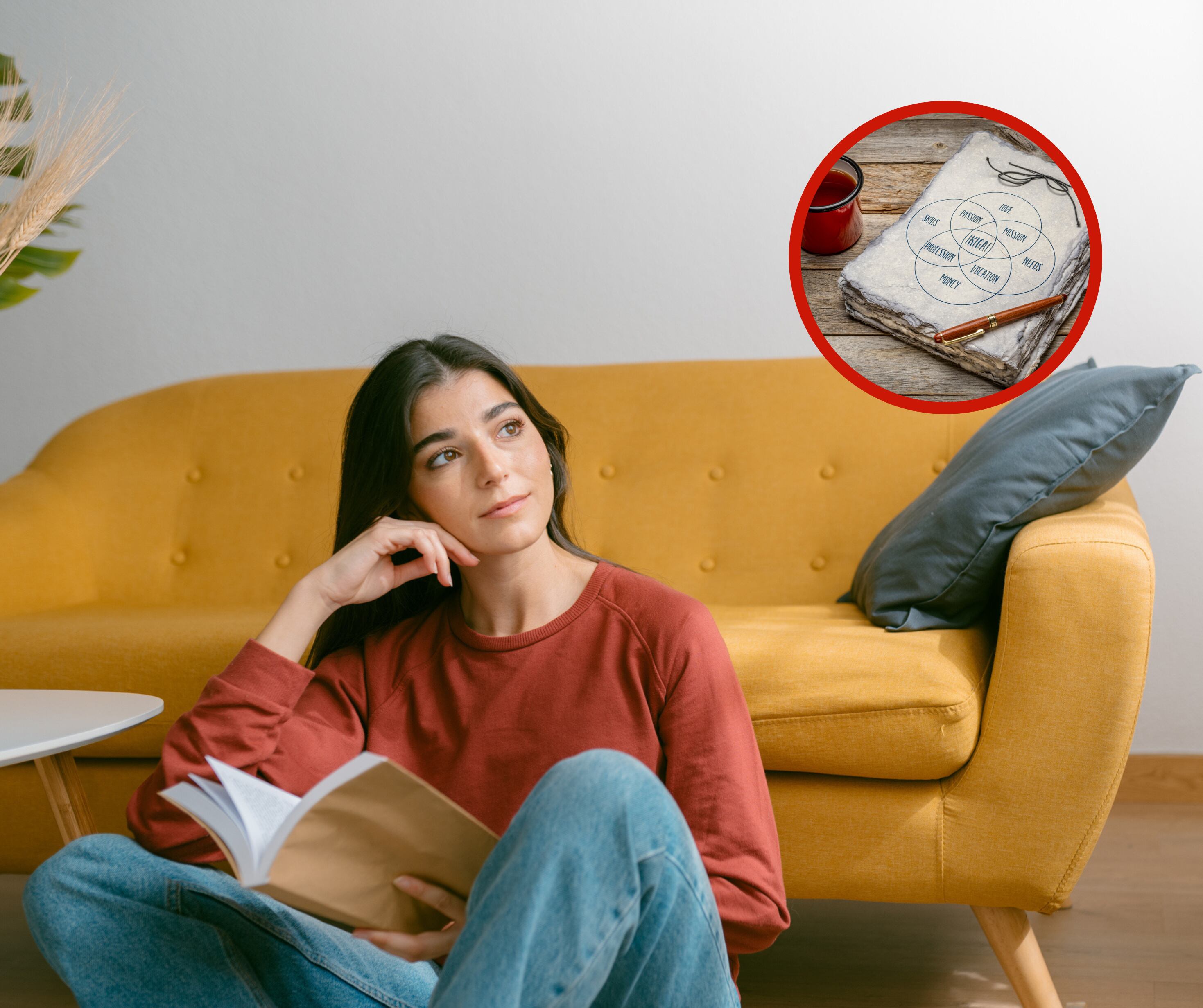 Mujer pensativa sosteniendo un libro junto a una referencia de Ikigai (Getty Images)
