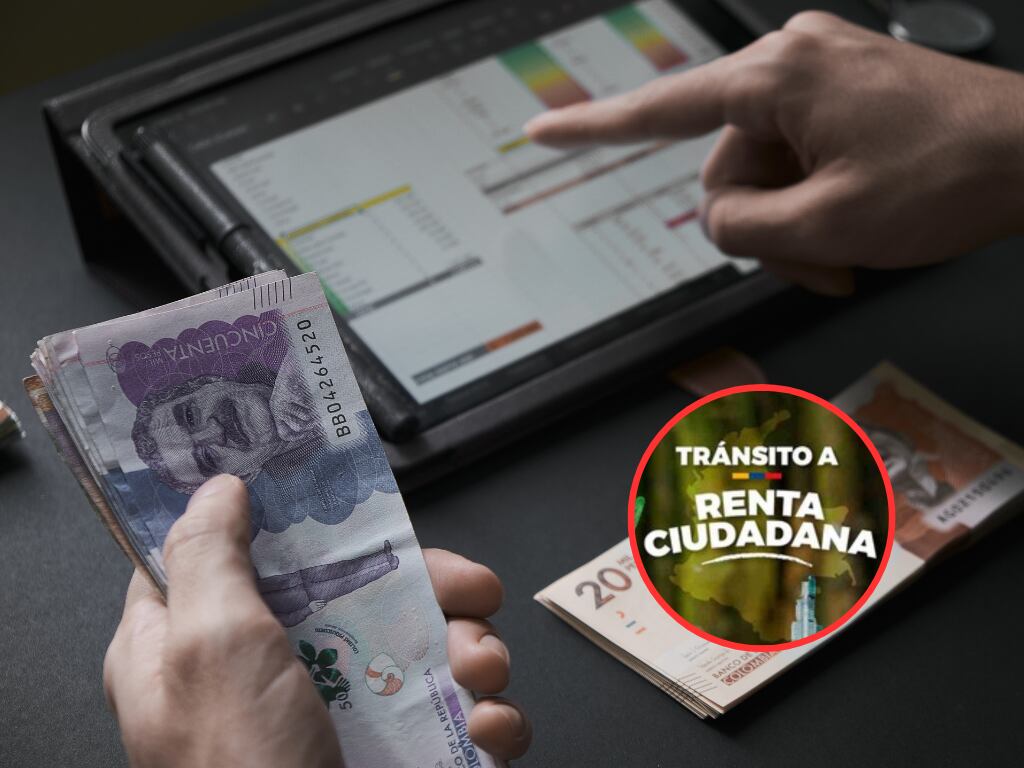Persona contando dinero colombiano y llenando una base de datos y de fondo el logo del programa 'Tránsito a Renta Ciudadana' (Fotos vía Getty Images y COLPRENSA)