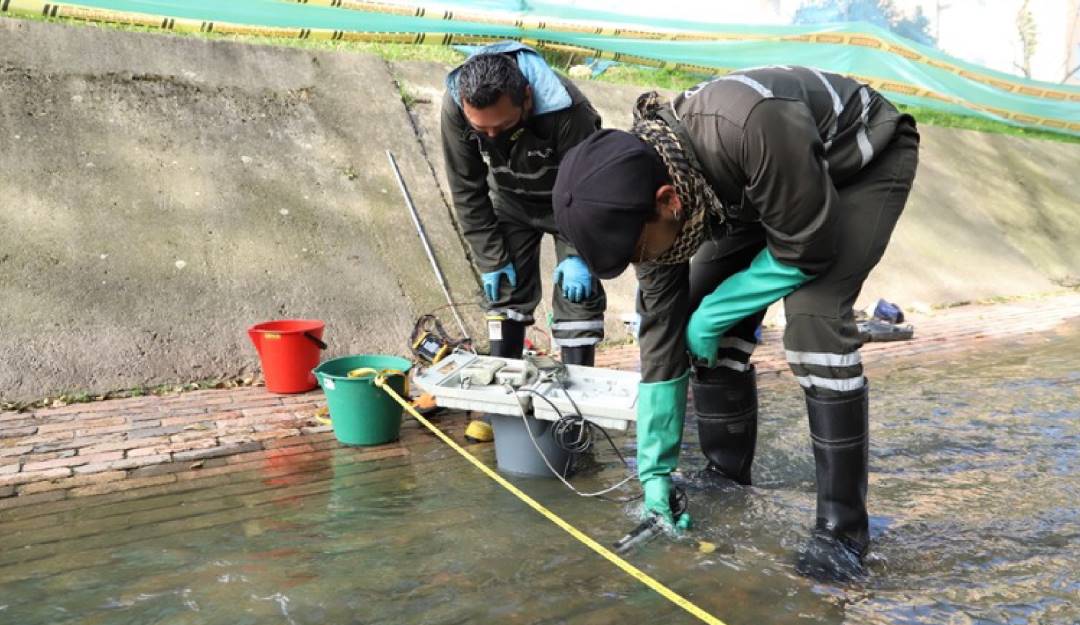 Profesionales de la Secretaría de Ambiente tomando muestras en un tramo del río Salitre. Foto: Christian Valenzuela. Comunicaciones Secretaría de Ambiente.