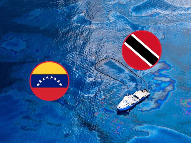 Imagen de referencia de un cuerpo de agua contaminado por petróleo. Sobre esta se encuentran las banderas de Venezuela y Trinidad y Tobago respectivamente (Crédito: Getty Images)