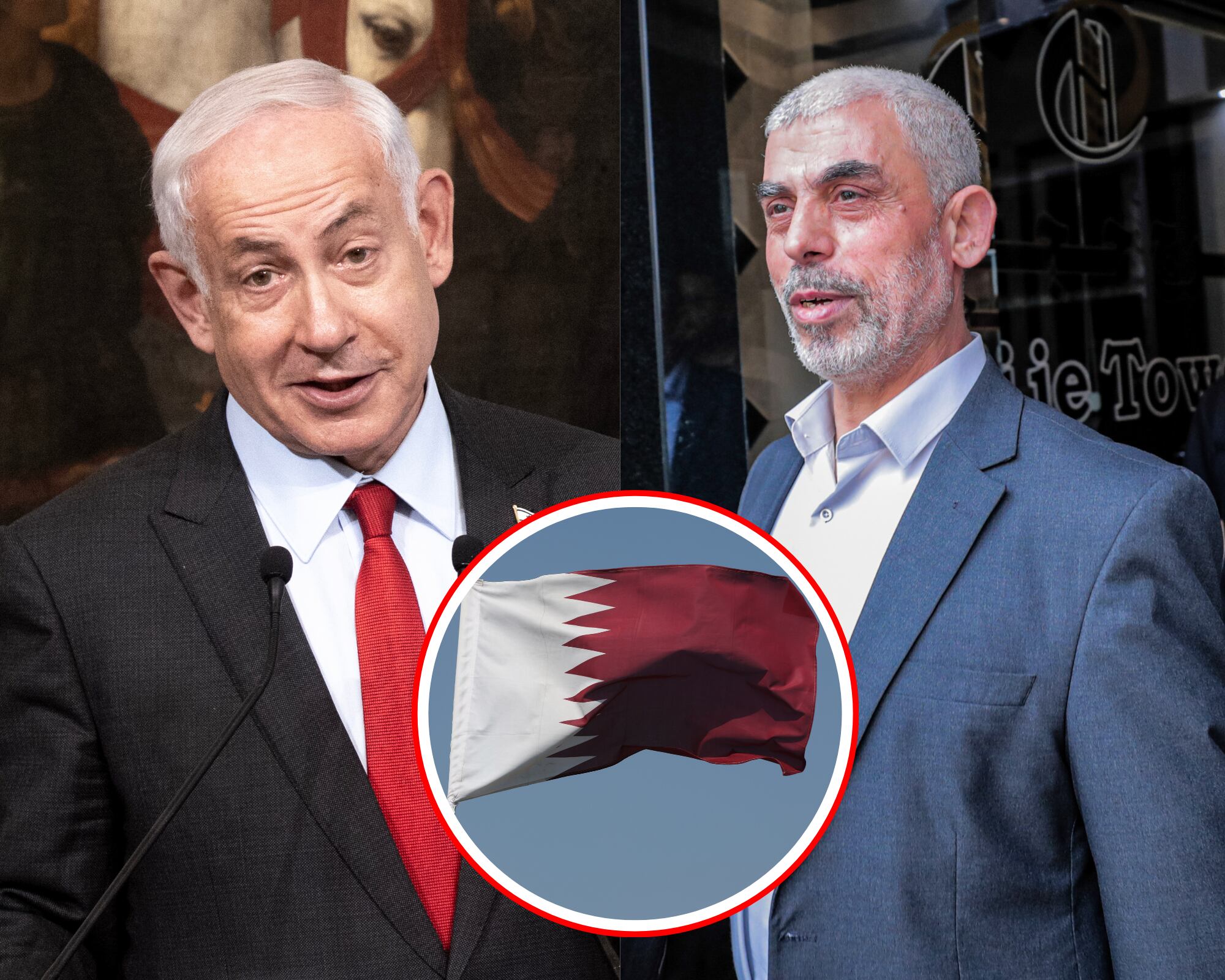 Los líderes de Israel, Benjamín Netanyahu (i) y de Hamás, Yahya Sinwar (d). En el centro la bandera de Catar, principal mediador en la guerra.
(Foto: Getty / Caracol Radio)