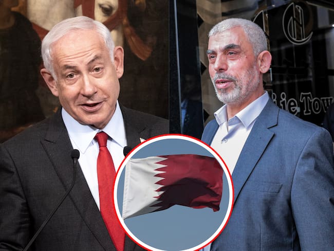 Los líderes de Israel, Benjamín Netanyahu (i) y de Hamás, Yahya Sinwar (d). En el centro la bandera de Catar, principal mediador en la guerra.
(Foto: Getty / Caracol Radio)