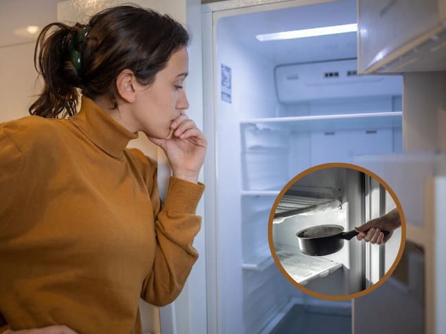 Imagen de referencia // Una mujer mirando una nevera // En el círculo truco para descongelar el refrigerador // Getty Image