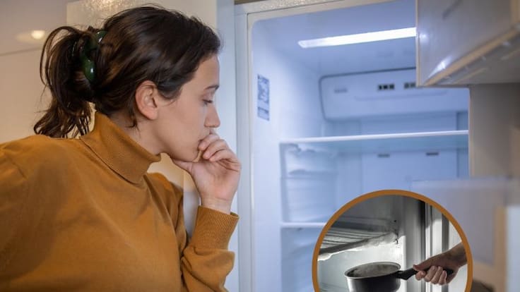 Imagen de referencia // Una mujer mirando una nevera // En el círculo truco para descongelar el refrigerador // Getty Image