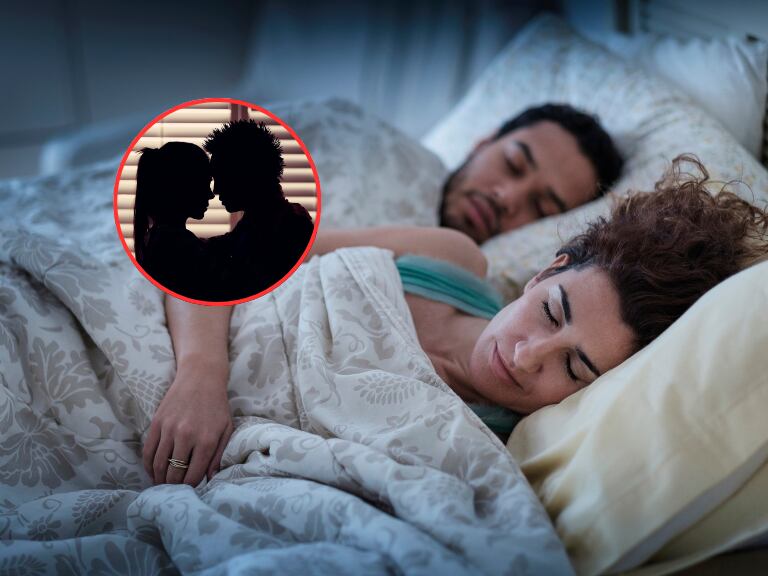 Pareja de personas durmiendo juntos y de fondo una pareja mostrando cercanía (Fotos vía Getty Images)