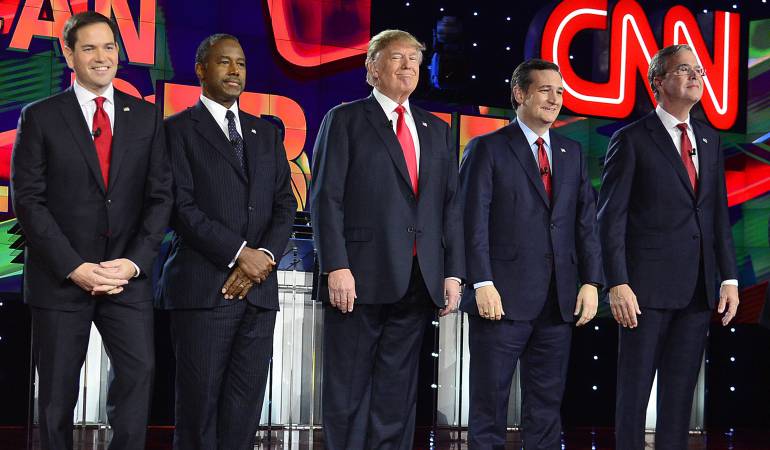 Los candidatos republicanos a la Presidencia de los Estados Unidos (i-d) Marco Rubio, Ben Carson, Donald Trump, Ted Cruz y Jeb Bush.
