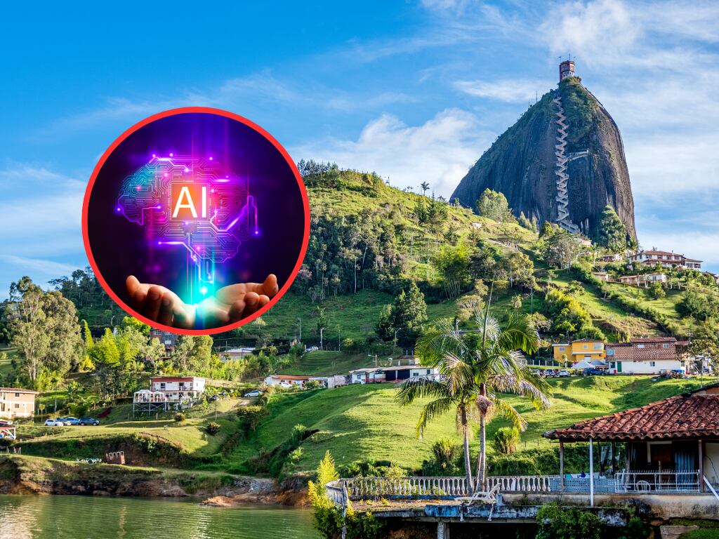 Paisaje en el que se puede contemplar la Piedra del Peñol de Guatapé y de fondo una ilustración alusiva a la inteligencia artificial. (Fotos vía Getty Images)