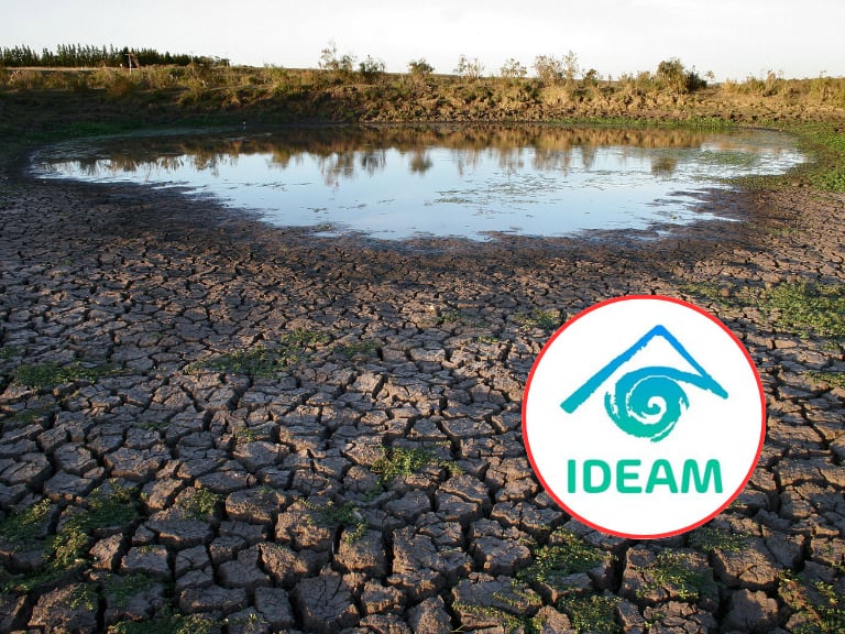 Sequía y al lado el logo del IDEAM (Fotos vía Getty Images y cuenta de x de @IDEAMColombia)