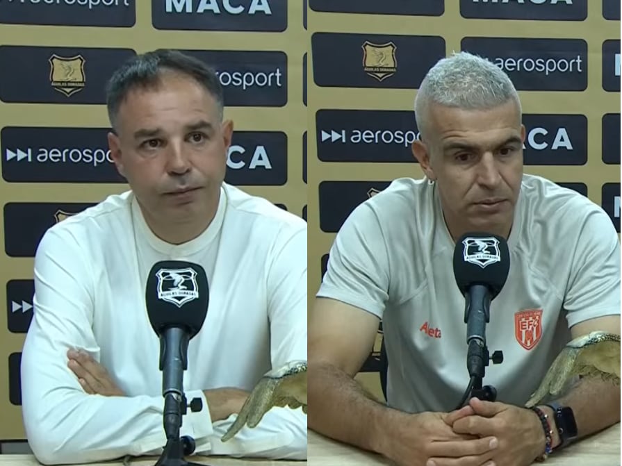 Jonathan Risueño (Águilas Doradas) y Andrés Orozco (Envigado) en rueda de prensa / Dimayor