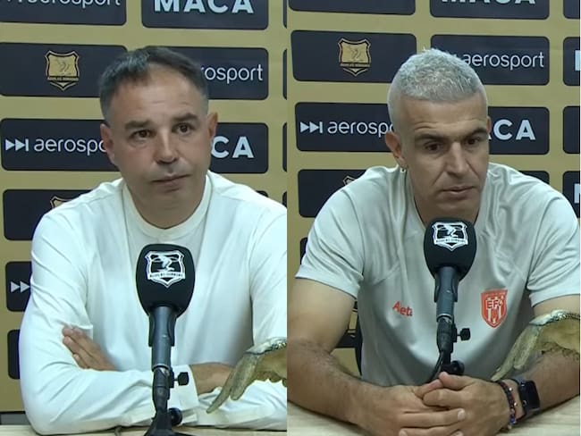 Jonathan Risueño (Águilas Doradas) y Andrés Orozco (Envigado) en rueda de prensa / Dimayor
