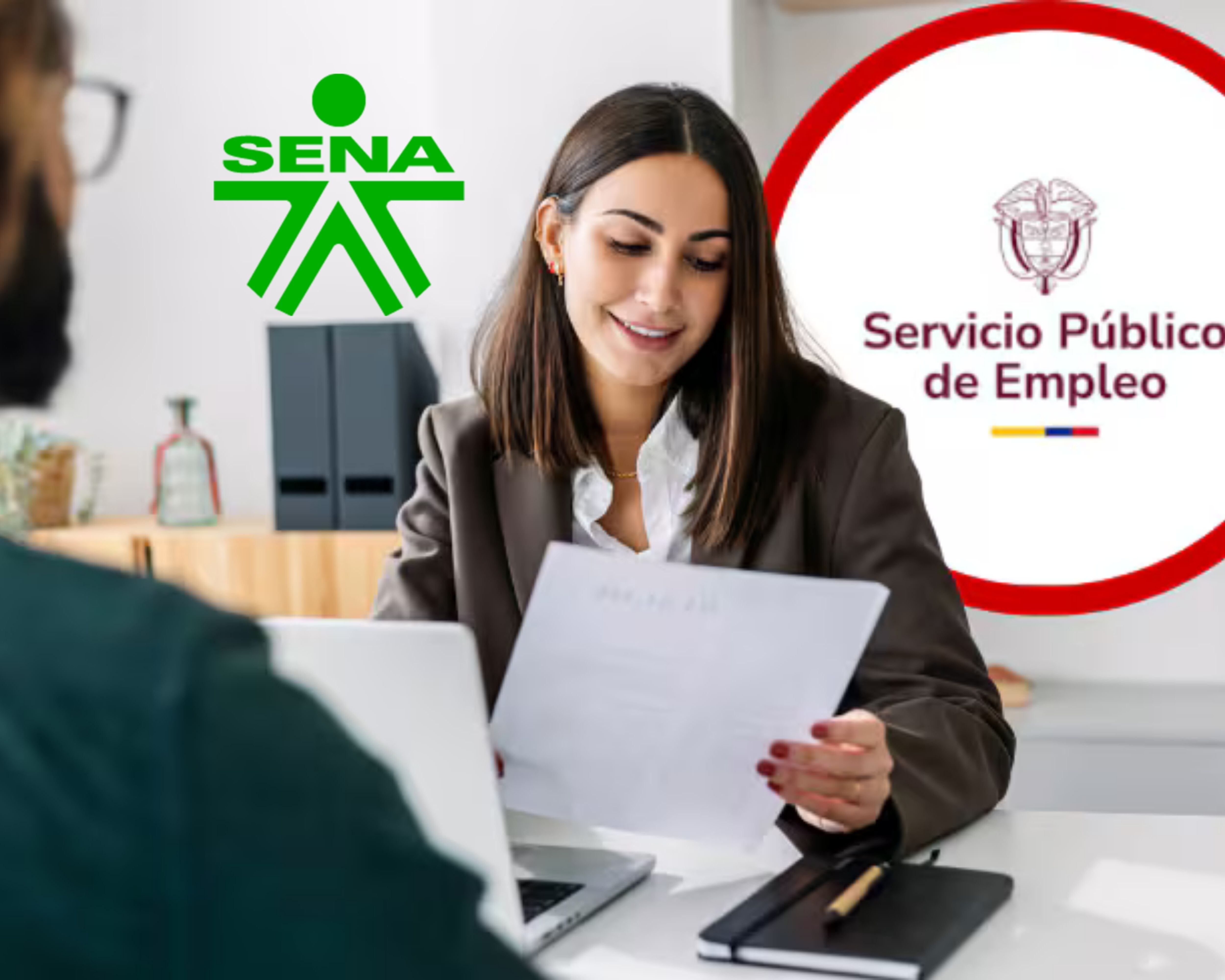 En portada: Logos del Servicio Nacional de Aprendizaje (SENA) y Servicio Público de empleo. Imagen principal: Ilustración de una persona aplicando para un empleo (Crédito: Getty Images).
