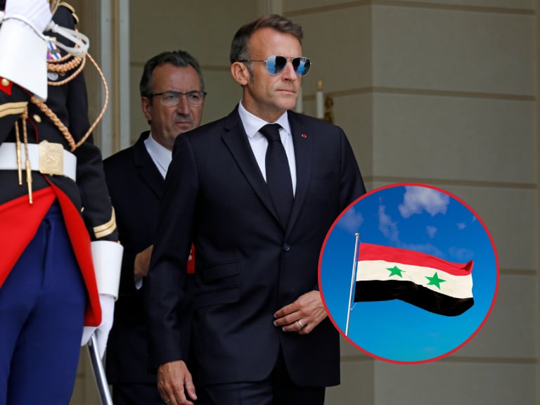 Imagen de referencia. Macron en medio de una visita oficial - Bandera de Damasco: Getty Images.