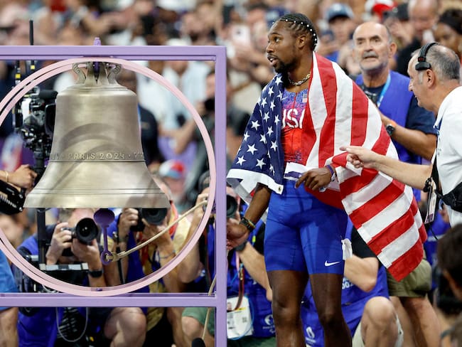 Saint-denis (France), 04/08/2024.- Noah Lyles of the USA rings the bell after winning the Men 100m final of the Athletics competitions in the Paris 2024 Olympic Games, at the Stade de France stadium in Saint Denis, France, 04 August 2024. (100 metros, Francia) EFE/EPA/FRANCK ROBICHON