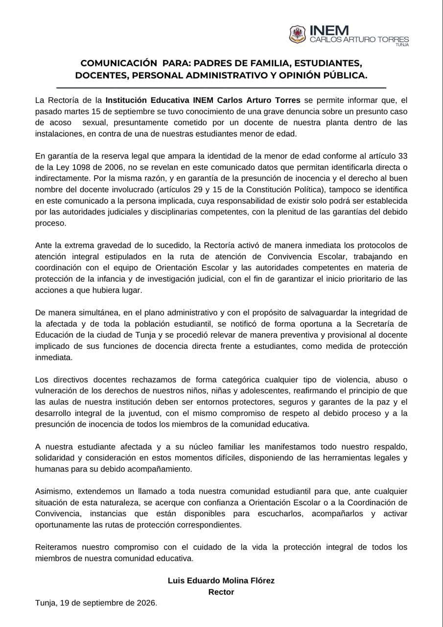Comunicado del INEM Carlos Arturo Torres de Tunja.
