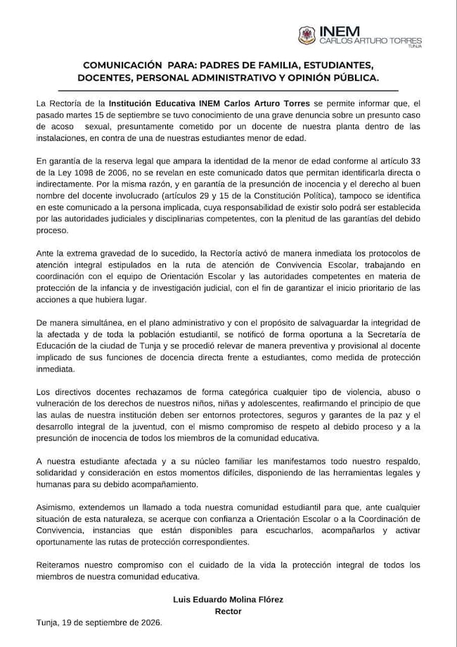 Comunicado del INEM Carlos Arturo Torres de Tunja.