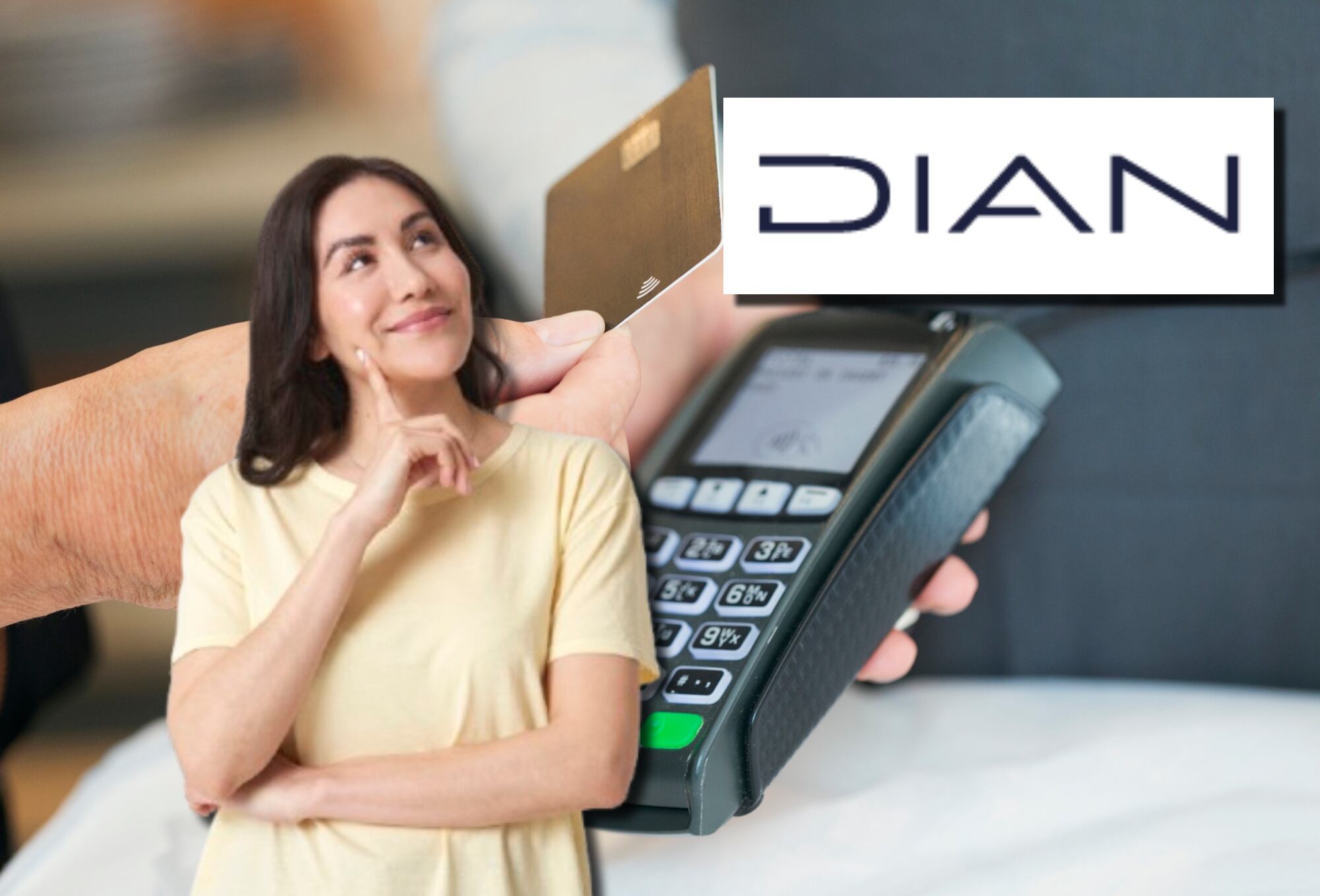 Imagen de referencia de datáfono, persona pensando y logo de la DIAN. Fotos: Getty Images / DIAN