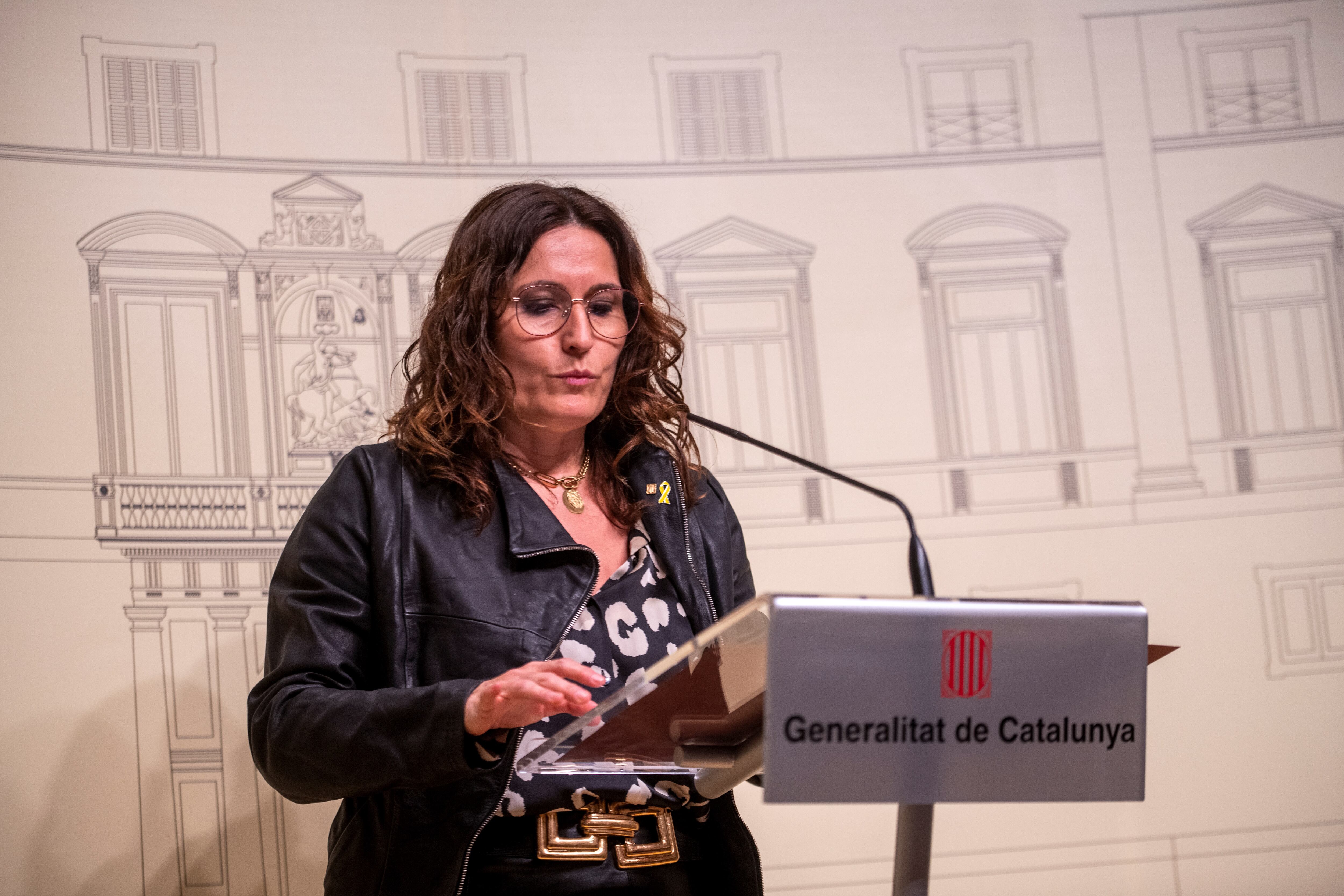 BARCELONA, CATALONIA, SPAIN - APRIL 24: The Minister of Presidency of the Generalitat, Laura Vilagra, makes statements after a meeting to clarify the alleged monitoring of Catalan secessionists between 2019 and 2020, on 24 April, 2022 in Barcelona, Catalonia, Spain. With this meeting, the Generalitat of Catalonia expects to receive explanations about the wiretapping of the cell phones of up to 63 pro-independence leaders. These wiretaps were carried out with the Pegasus system of the Israeli technology and cybersecurity company NSO, which can only be acquired by governments to ensure security. The Government implicates in them the National Intelligence Center (CNI) and for its part the Ministry of Defense has shielded itself in the secrecy that protects the actions of the CNI, which has Pegasus among its resources, to not confirm whether Pegasus was used for the alleged espionage. (Photo By Lorena Sopena/Europa Press via Getty Images)