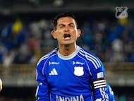 David Mackalister Silva, capitán de Millonarios, celebra su gol ante el Tolima / Twitter: @MillosFCOficial.