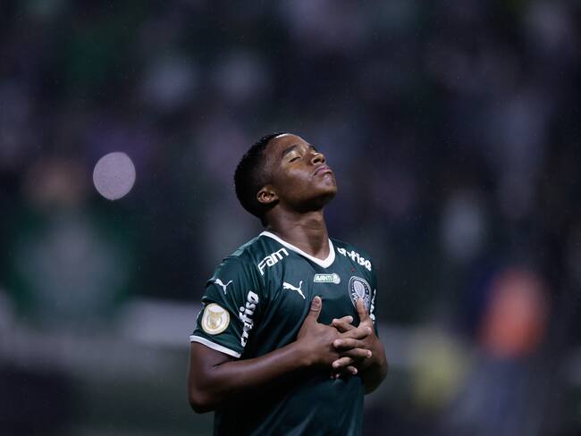 SAO PAULO, BRAZIL - NOVEMBER 02: Endrick of Palmeiras celebrates after scoring the fourth goal of his team during a match between Palmeiras and Fortaleza as part of Brasileirao Series A 2022 at Allianz Parque on November 02, 2022 in Sao Paulo, Brazil. (Photo by Alexandre Schneider/Getty Images)