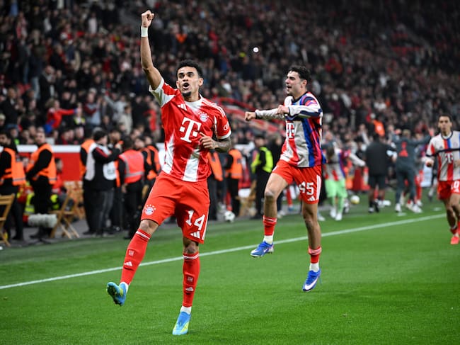 LEVERKUSEN, GERMANY - APRIL 22: Luis Diaz of FC Bayern Munich celebrates scoring his team's second goal during the DFB Cup semifinal match between Bayer 04 Leverkusen and FC Bayern München at BayArena on April 22, 2026 in Leverkusen, Germany. (Photo by Stuart Franklin/Getty Images)