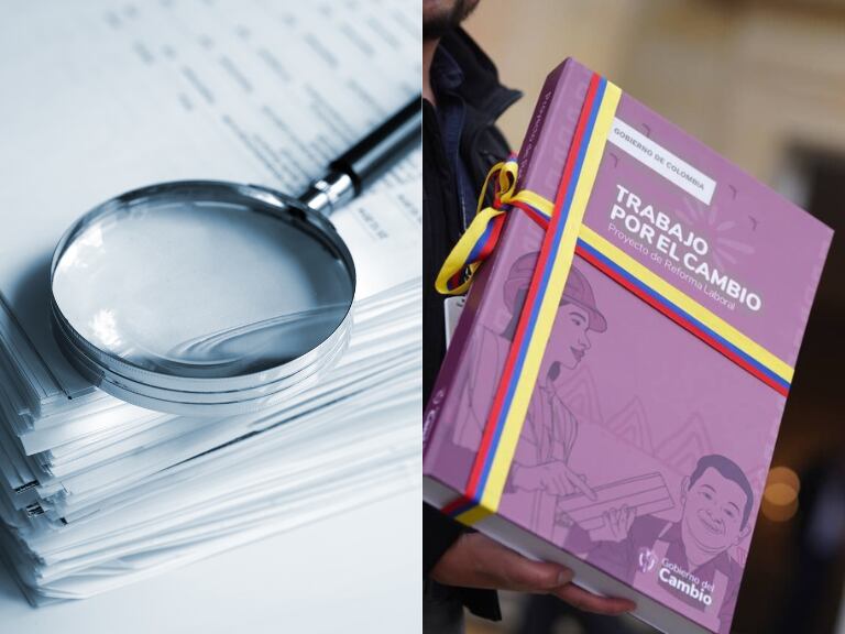 Observación con lupa de un documento y de fondo la reforma laboral presentada por el Gobierno Nacional (Fotos vía Getty Images y Senado de la República)