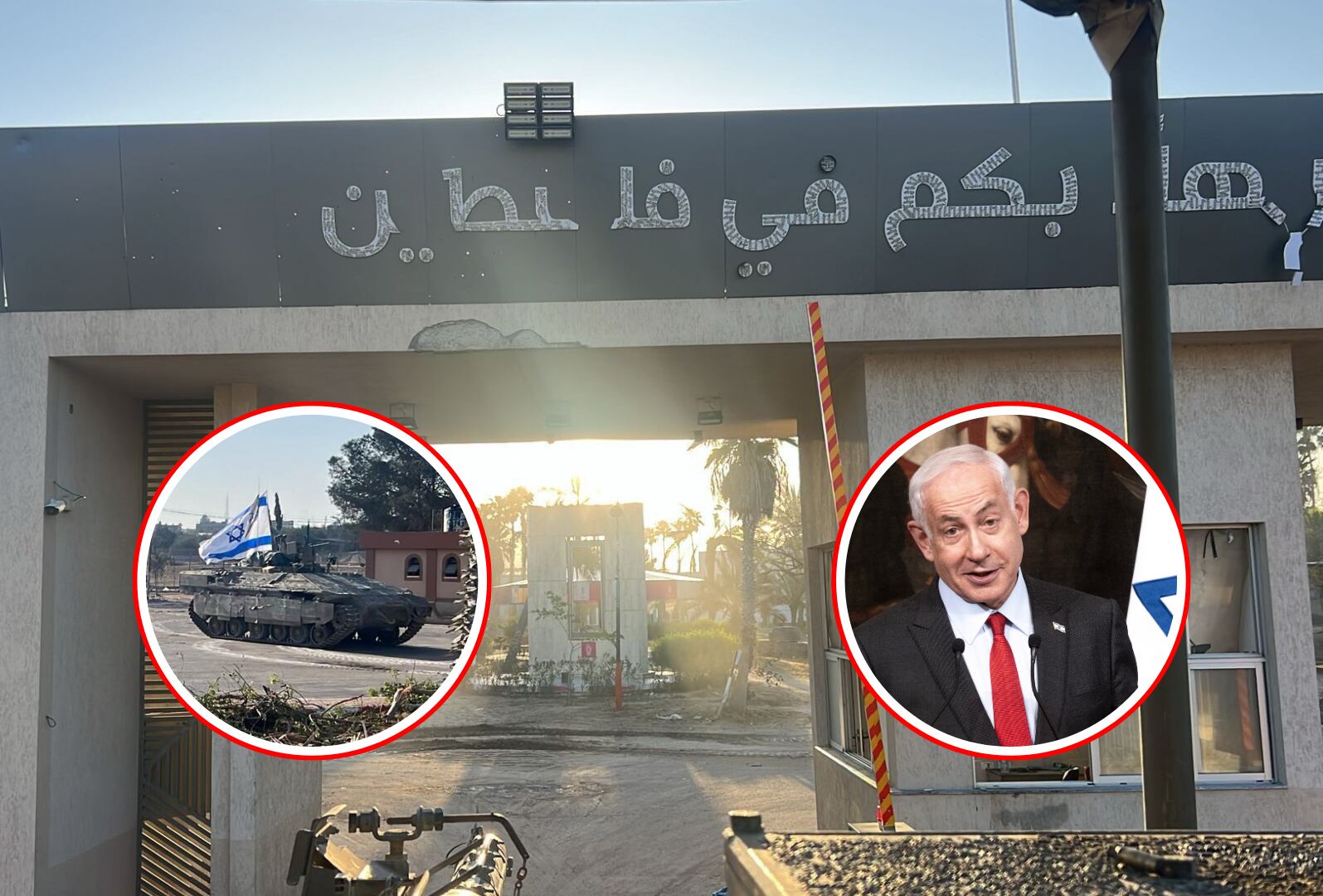 El paso fronterizo de Rafah, ubicado entre la Franja de Gaza y Egipto. En el círculo izquierdo uno de los tanques israelíes desplegados en Rafah y en el círculo derecho el primer ministro israelí, Benjamín Netanyahu.
(Foto: Getty / Caracol Radio )