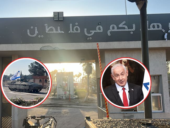 El paso fronterizo de Rafah, ubicado entre la Franja de Gaza y Egipto. En el círculo izquierdo uno de los tanques israelíes desplegados en Rafah y en el círculo derecho el primer ministro israelí, Benjamín Netanyahu.
(Foto: Getty / Caracol Radio )