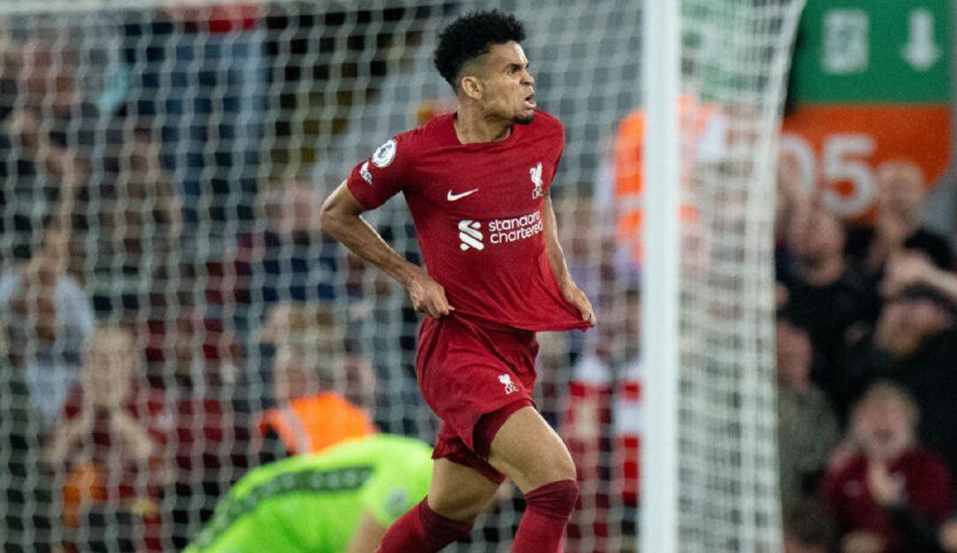 Luis Díaz en la celebración del último gol con el Liverpool