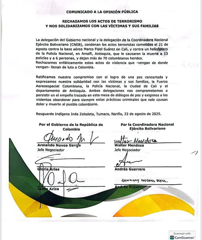 Mesa de Diálogos de Paz entre el Gobierno nacional y la Coordinadora Nacional Ejercito Bolivariano rechaza atentados en Cali y Amalfi
