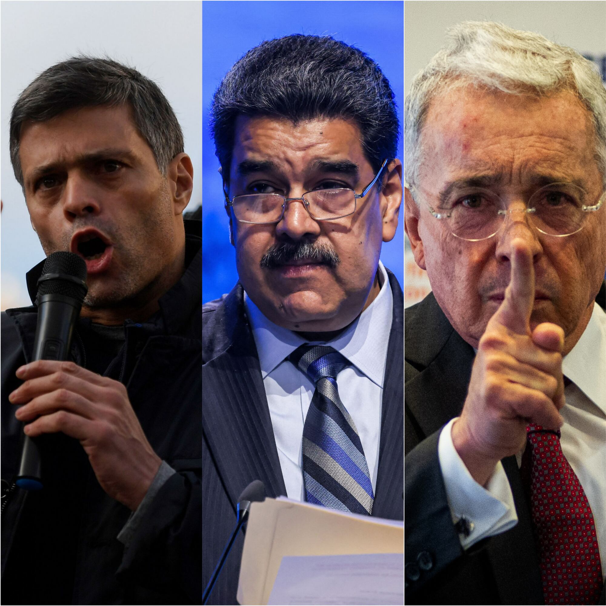 El líder opositor venezolano, Leopoldo López (izq), el presidente venezolano, Nicolás Maduro (cen) y el expresidente colombiano, Álvaro Uribe Vélez (der).
Foto: Getty / Caracol Radio