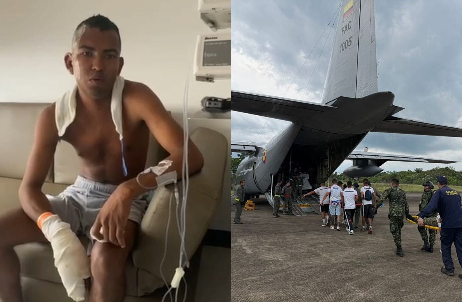 Soldado profesional Mauricio Padilla y avión FAC. Fotos: Captura de video / (Photo by Colombian Military Forces / HANDOUT/Anadolu via Getty Images)