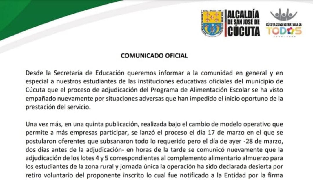 Incertidumbre por futuro PAE en Cúcuta